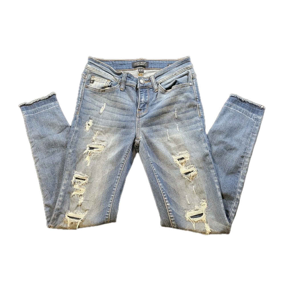Judy Blue 5/27 Skinny Fit Distressed Raw Hem Womens Jeans